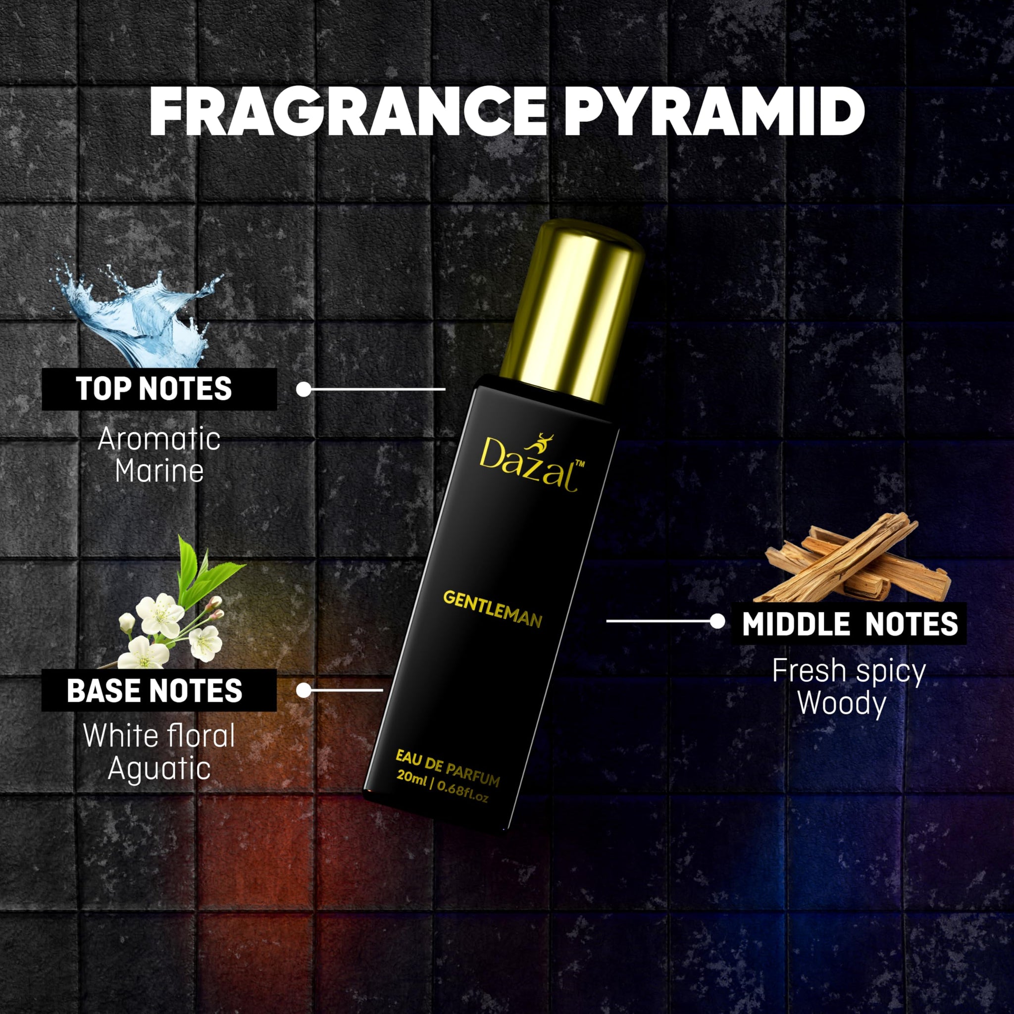 DAZAL Gentleman Eau de Parfum for Men, 80g, Citrus & Aquatic Notes, Long-Lasting, Black Bottle with Gold Accents - back view