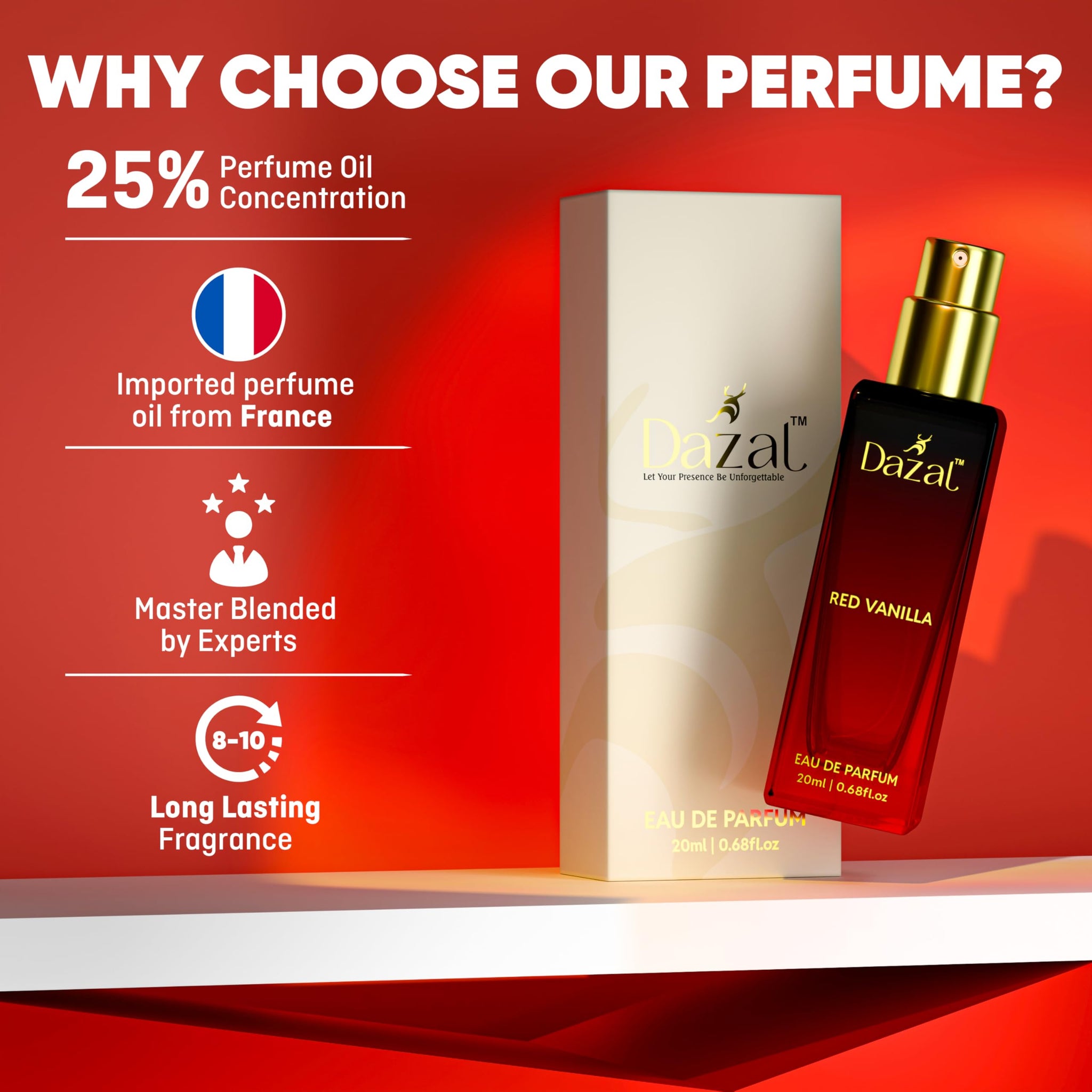 DAZAL Red Vanilla Eau de Parfum, 20ml, Unisex Perfume - front view