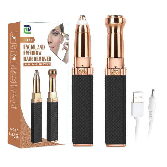 DDN_R_ 2-in-1 Eyebrow Trimmer and Epilator for Women, Rechargeable, with LED Ring Light, Black