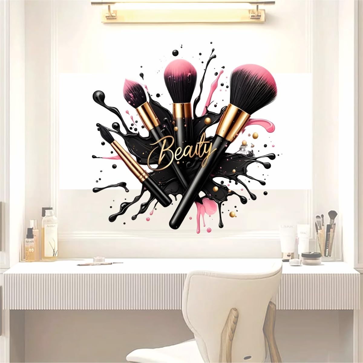 DECORAURA Beauty Makeup Brushes Wall Sticker, 51x50 cm, Black Pink Gold, Self-Adhesive Vinyl Decal