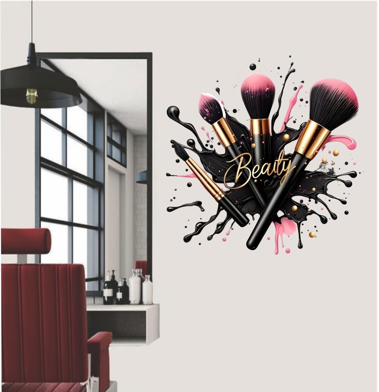 DECORAURA Beauty Makeup Brushes Wall Sticker, 51x50 cm, Black Pink Gold, Self-Adhesive Vinyl Decal - front view
