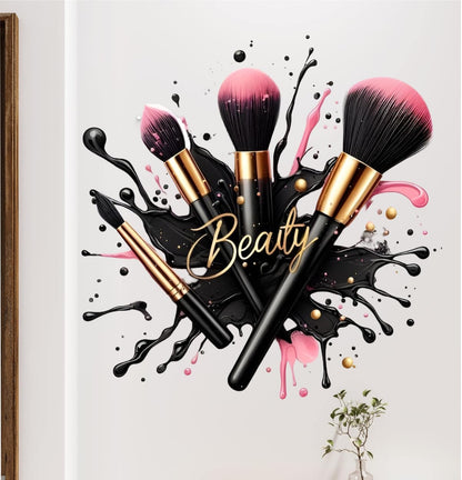 DECORAURA Beauty Makeup Brushes Wall Sticker, 51x50 cm, Black Pink Gold, Self-Adhesive Vinyl Decal - back view