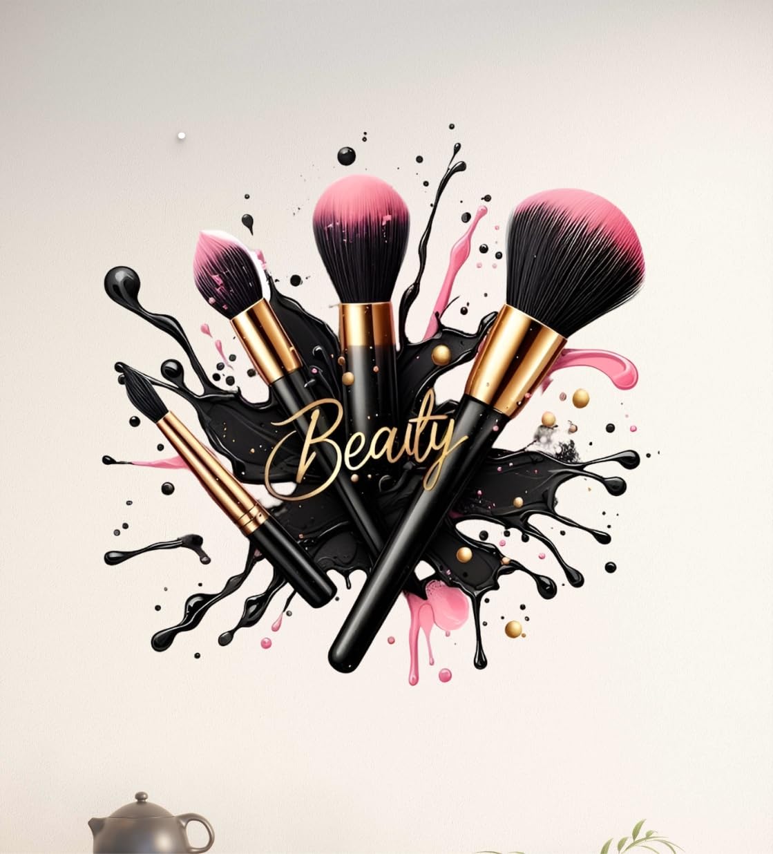 DECORAURA Beauty Makeup Brushes Wall Sticker, 51x50 cm, Black Pink Gold, Self-Adhesive Vinyl Decal - packaging