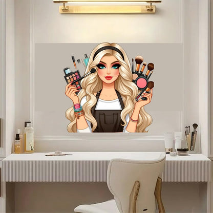 DECORAURA Makeup Artist Girl Wall Sticker 60x60 cm - PVC Self-Adhesive Fashion Illustration for Beauty Salon Bedroom Decor