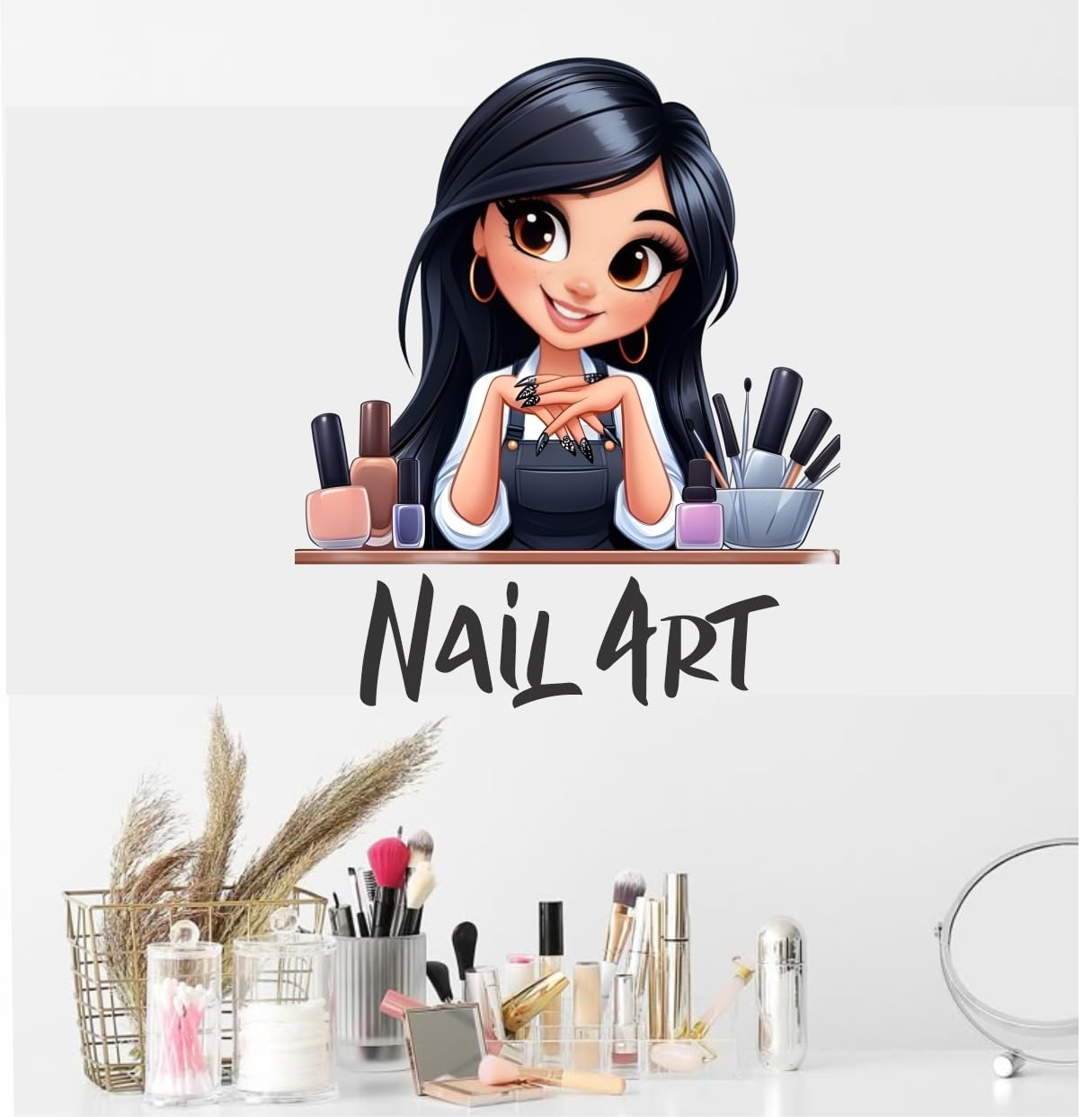 DECORAURA Nail Art Salon Wall Sticker - Cute Nail Artist Girl Cartoon Decal, 70x59 cm, for Beauty Parlour - front view