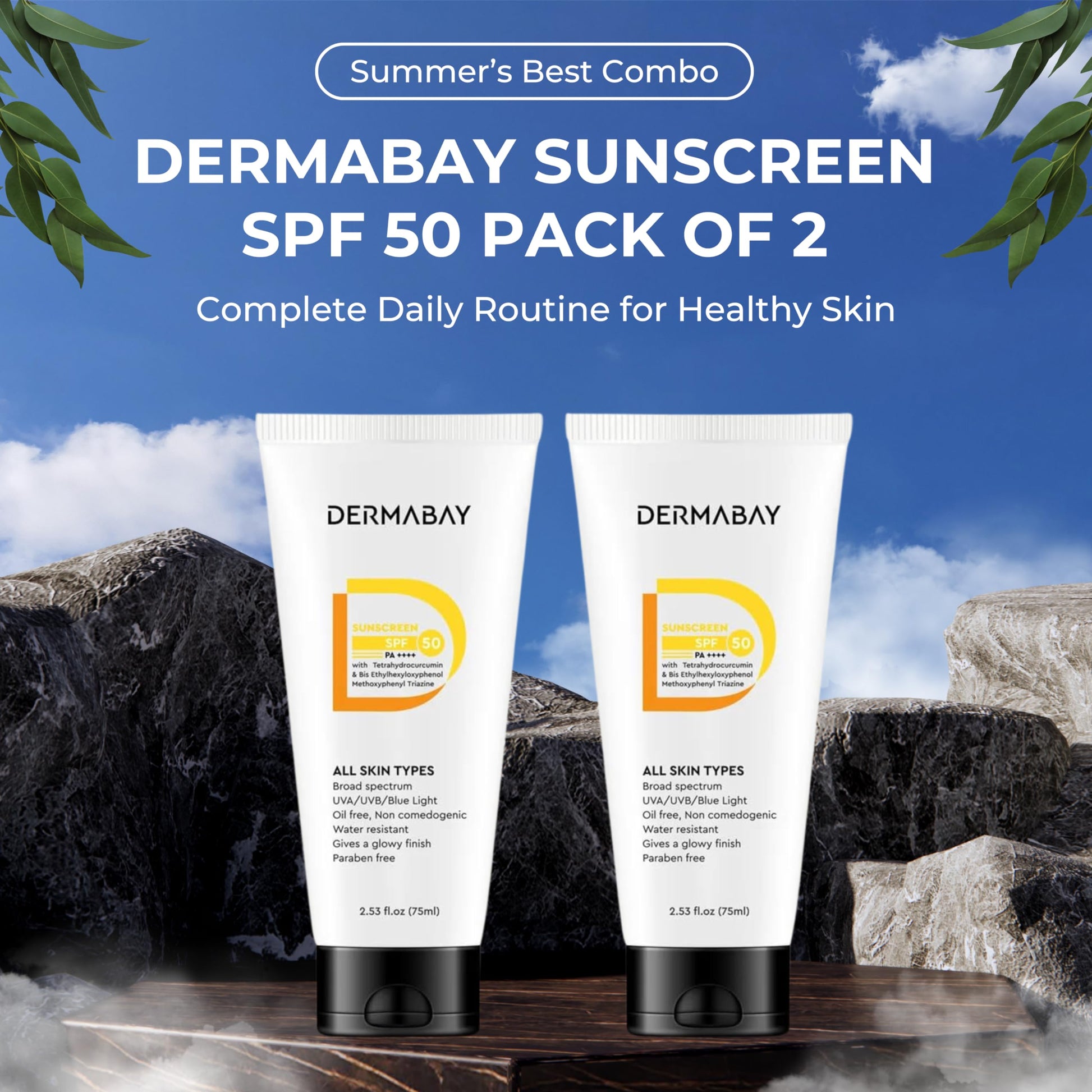 Dermabay Sunscreen SPF 50 PA++++ Invisible Glowy Finish, Quickly Absorbing, for Summer and Humid Weather, Water Resistant, Sw