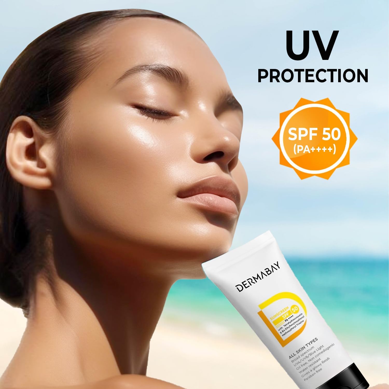 Dermabay Sunscreen SPF 50 PA++++ Invisible Glowy Finish, Quickly Absorbing, for Summer and Humid Weather, Water Resistant, Sw