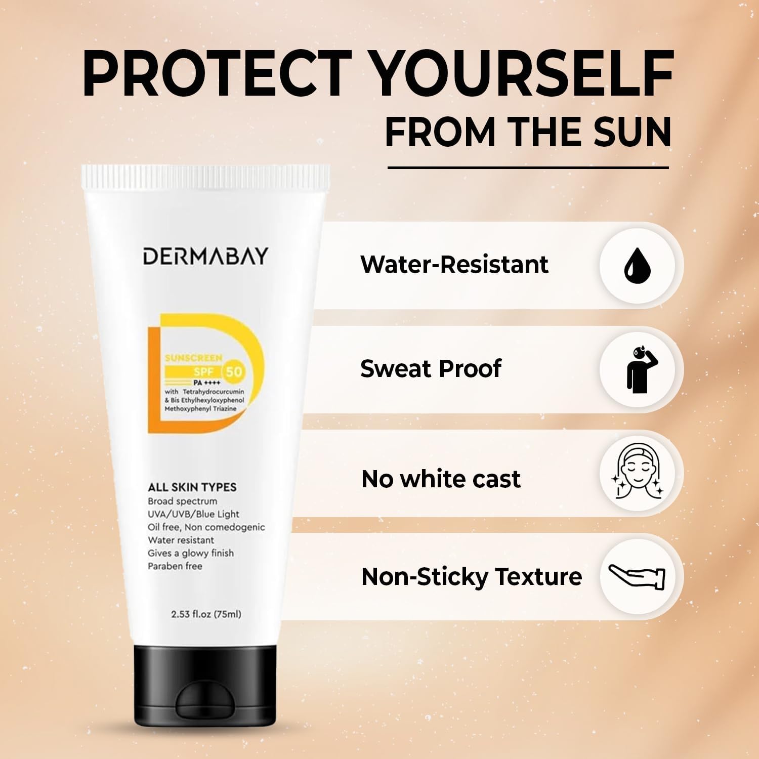 Dermabay Sunscreen SPF 50 PA++++ Invisible Glowy Finish, Quickly Absorbing, for Summer and Humid Weather, Water Resistant, Sw