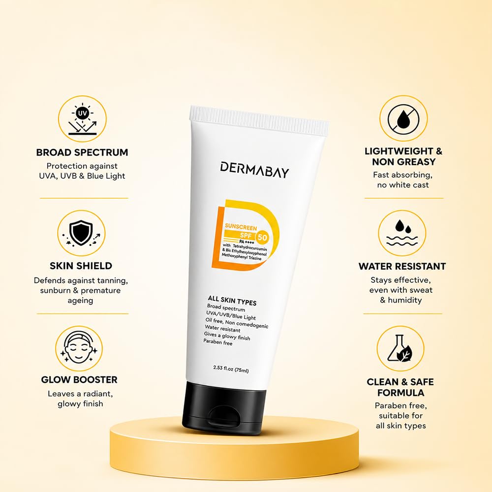 Dermabay Sunscreen SPF 50 PA++++ Invisible Glowy Finish, Quickly Absorbing, for Summer and Humid Weather, Water Resistant, Sw