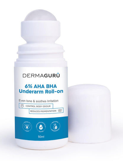 Dermaguru 6% AHA BHA Underarm Roll-on Deodorant, 50ml, Alcohol-Free, Floral Fragrance, Dermatologist Tested