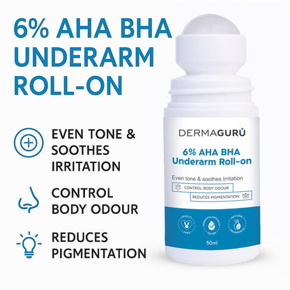 Dermaguru 6% AHA BHA Underarm Roll-on Deodorant, 50ml, Alcohol-Free, Floral Fragrance, Dermatologist Tested - front view