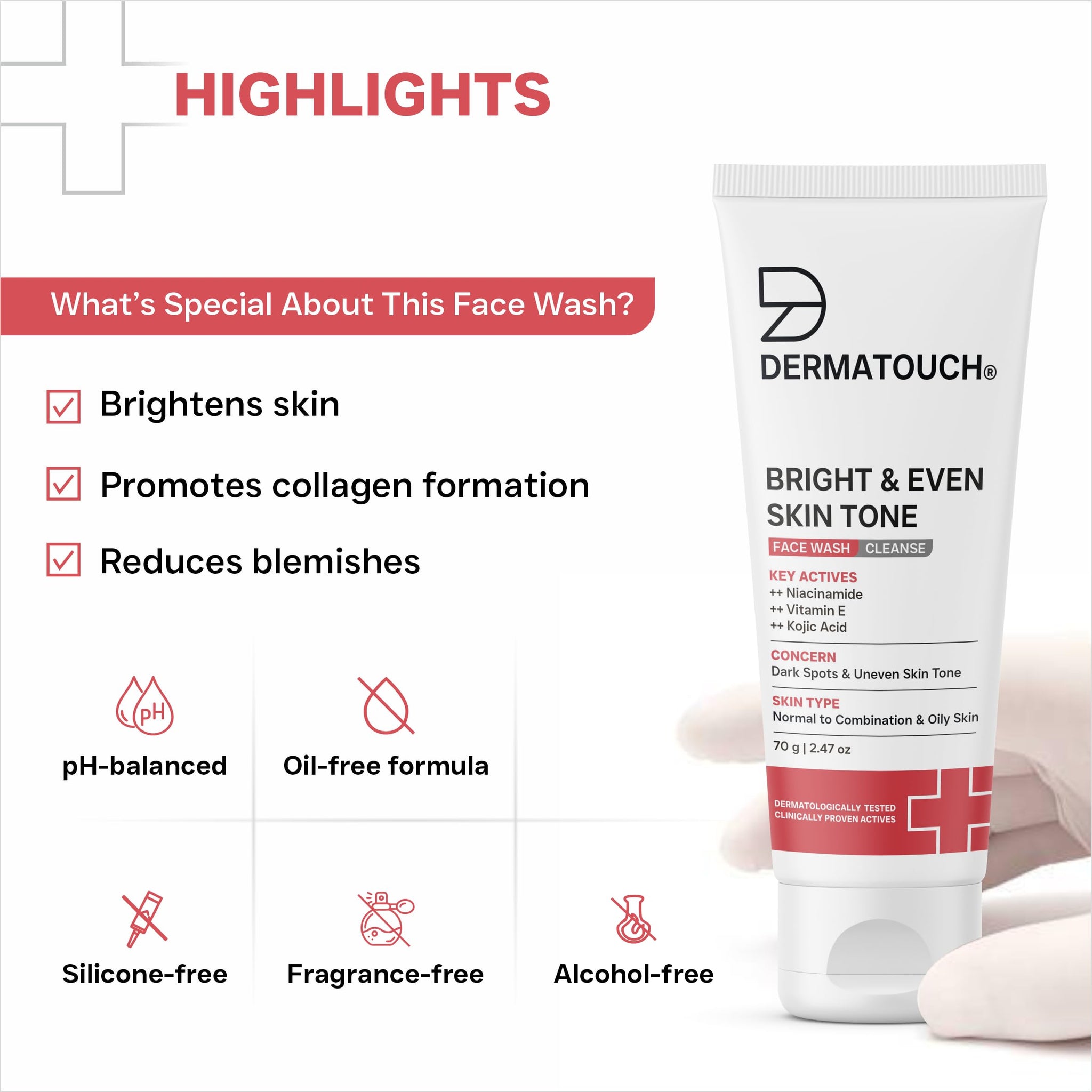 DERMATOUCH Bright & Even Tone Face Wash with Niacinamide, Vitamin E and Kojic Acid, Unisex - label detail (12)