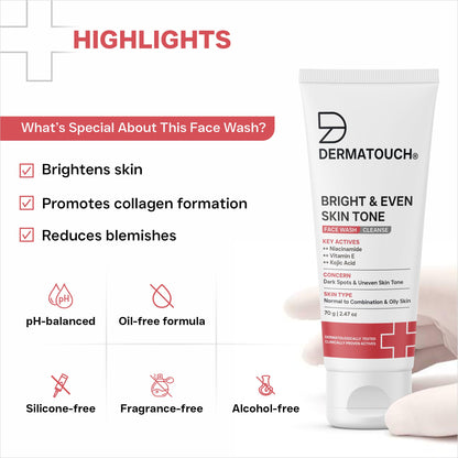 DERMATOUCH Bright & Even Tone Face Wash with Niacinamide, Vitamin E and Kojic Acid, Unisex - label detail (12)