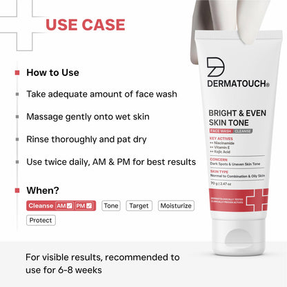 DERMATOUCH Bright & Even Tone Face Wash with Niacinamide, Vitamin E and Kojic Acid, Unisex - ingredients panel (13)