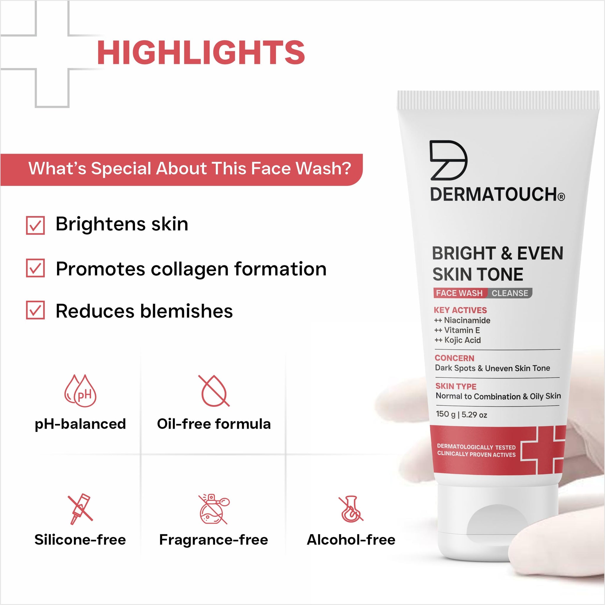 DERMATOUCH Bright & Even Tone Face Wash with Niacinamide, Vitamin E and Kojic Acid, Unisex - label detail (18)
