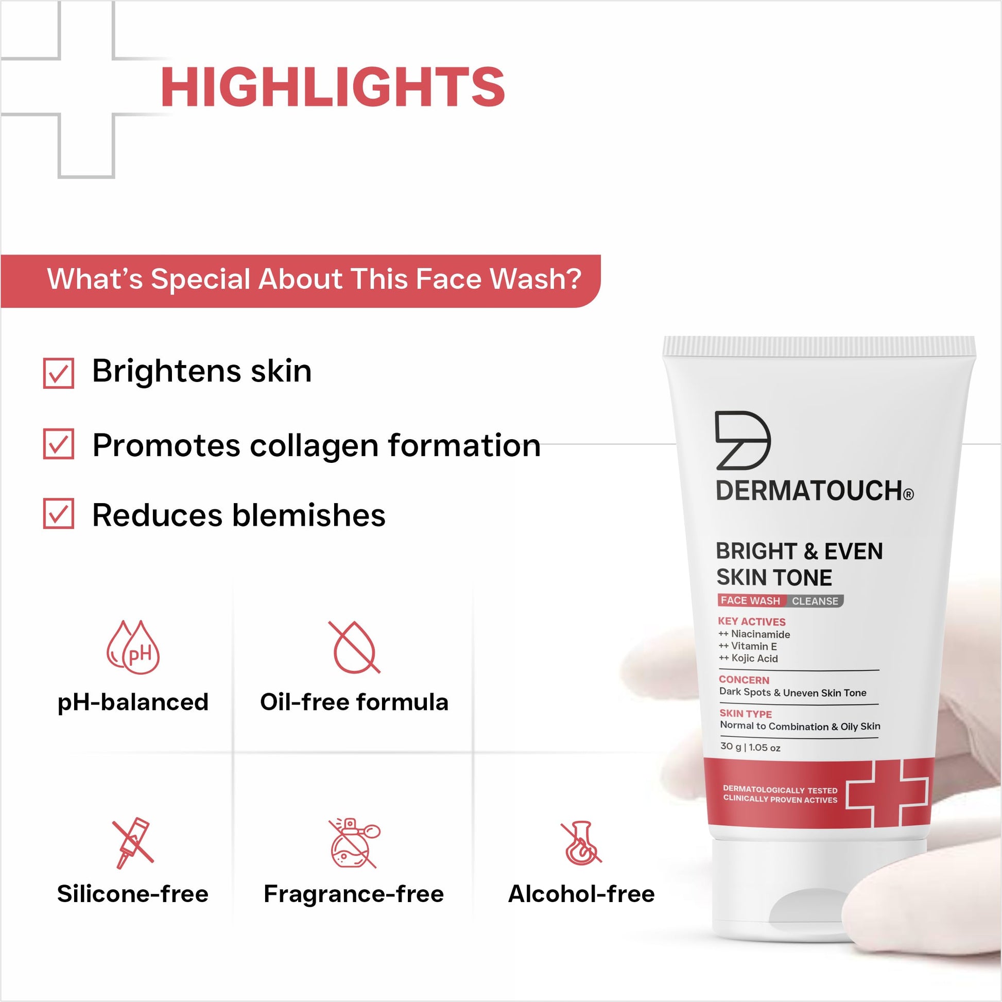 DERMATOUCH Bright & Even Tone Face Wash with Niacinamide, Vitamin E and Kojic Acid, Unisex - label detail