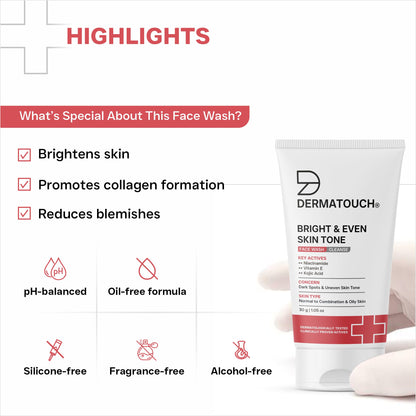 DERMATOUCH Bright & Even Tone Face Wash with Niacinamide, Vitamin E and Kojic Acid, Unisex - label detail