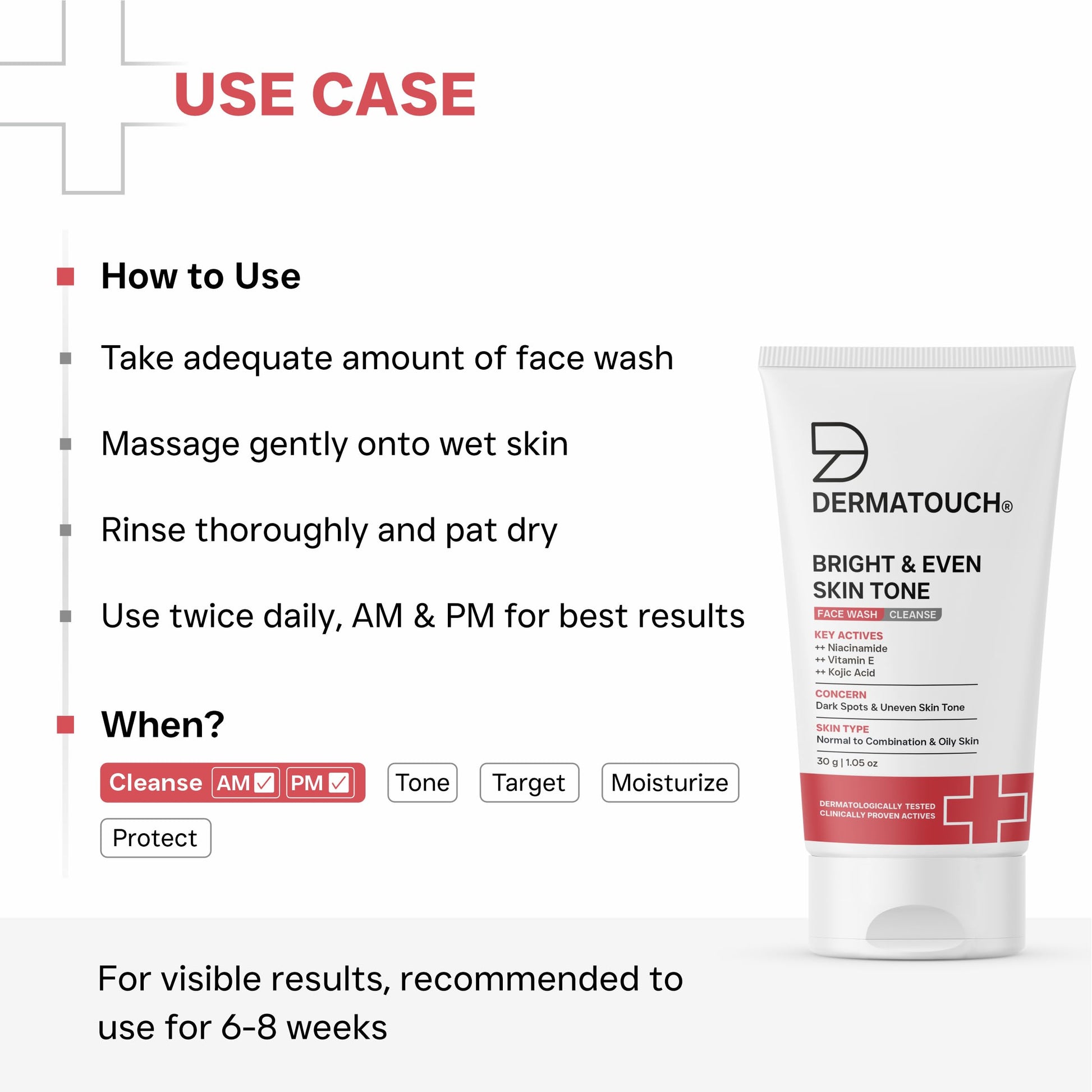 DERMATOUCH Bright & Even Tone Face Wash with Niacinamide, Vitamin E and Kojic Acid, Unisex - ingredients panel