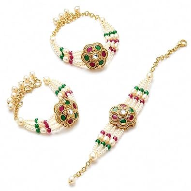 Designer Kundan Pearl Rakhi | Gold-Toned Rakhi with White Pearl & Green Pink Beads for Brother | Traditional Raksha Bandhan F