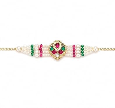 Designer Kundan Pearl Rakhi | Gold-Toned Rakhi with White Pearl & Green Pink Beads for Brother | Traditional Raksha Bandhan F