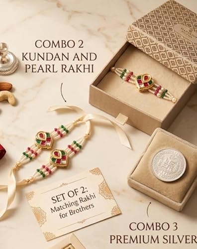 Designer Kundan Pearl Rakhi | Gold-Toned Rakhi with White Pearl & Green Pink Beads for Brother | Traditional Raksha Bandhan F