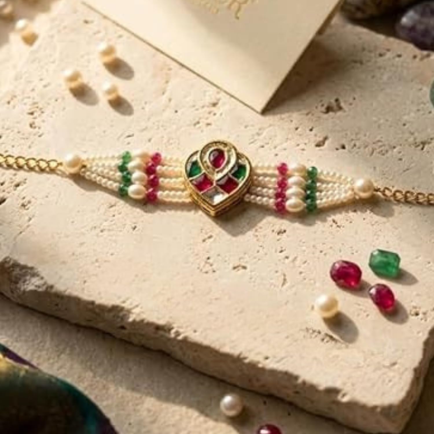 Designer Kundan Pearl Rakhi | Gold-Toned Rakhi with White Pearl & Green Pink Beads for Brother | Traditional Raksha Bandhan F