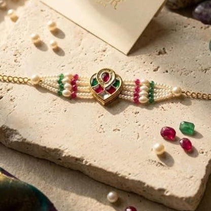 Designer Kundan Pearl Rakhi | Gold-Toned Rakhi with White Pearl & Green Pink Beads for Brother | Traditional Raksha Bandhan F