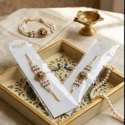 Designer Kundan Pearl Rakhi | Gold-Toned Rakhi with White Pearl & Green Pink Beads for Brother | Traditional Raksha Bandhan F