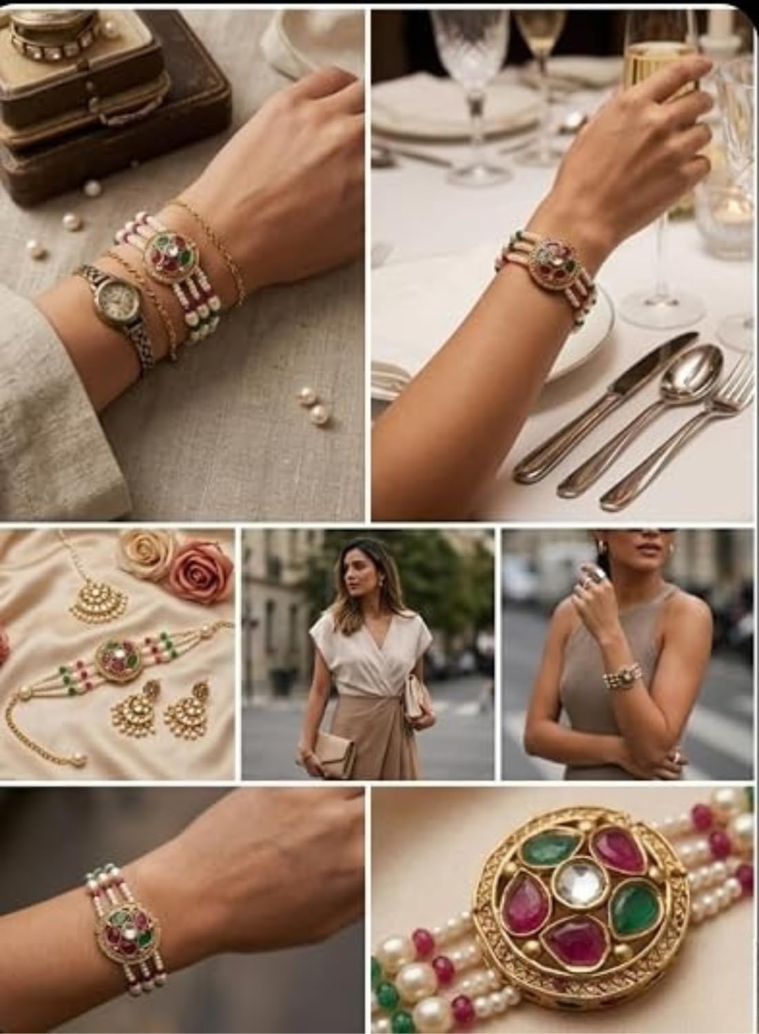 Designer Kundan Pearl Rakhi | Gold-Toned Rakhi with White Pearl & Green Pink Beads for Brother | Traditional Raksha Bandhan F