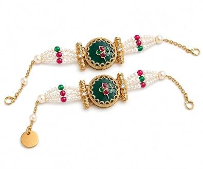Designer Kundan Pearl Rakhi | Gold-Toned Rakhi with White Pearl & Green Pink Beads for Brother | Traditional Raksha Bandhan F