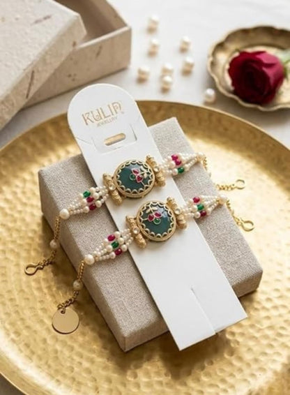 Designer Kundan Pearl Rakhi | Gold-Toned Rakhi with White Pearl & Green Pink Beads for Brother | Traditional Raksha Bandhan F