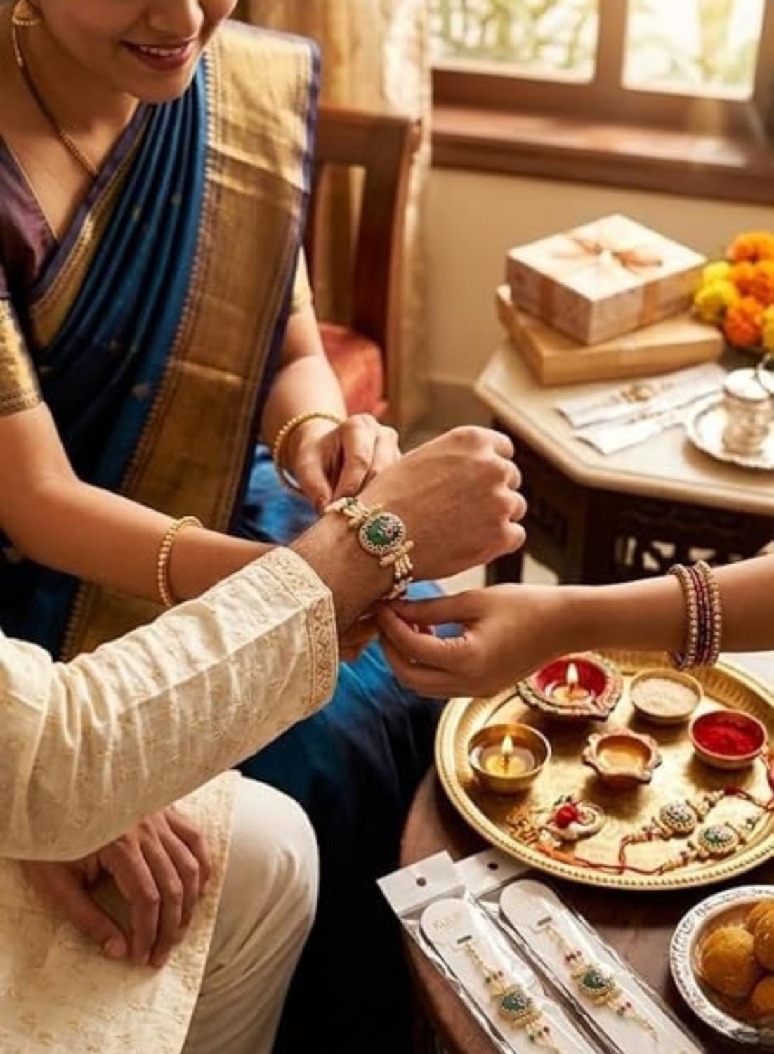 Designer Kundan Pearl Rakhi | Gold-Toned Rakhi with White Pearl & Green Pink Beads for Brother | Traditional Raksha Bandhan F