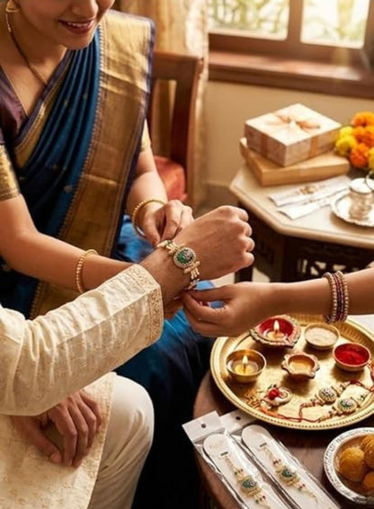 Designer Kundan Pearl Rakhi | Gold-Toned Rakhi with White Pearl & Green Pink Beads for Brother | Traditional Raksha Bandhan F
