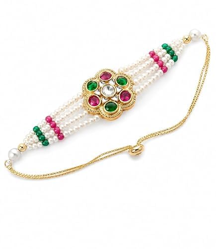 Designer Kundan Pearl Rakhi | Gold-Toned Rakhi with White Pearl & Green Pink Beads for Brother | Traditional Raksha Bandhan F