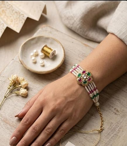 Designer Kundan Pearl Rakhi | Gold-Toned Rakhi with White Pearl & Green Pink Beads for Brother | Traditional Raksha Bandhan F