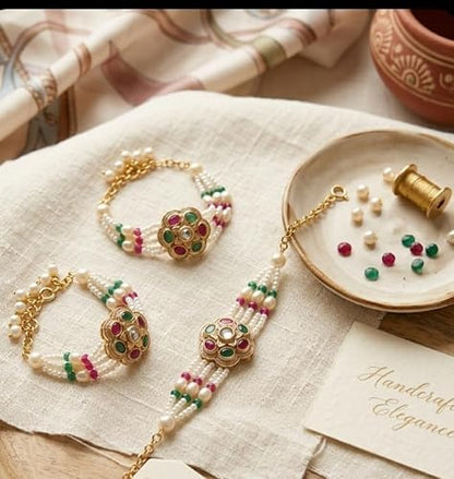 Designer Kundan Pearl Rakhi | Gold-Toned Rakhi with White Pearl & Green Pink Beads for Brother | Traditional Raksha Bandhan F