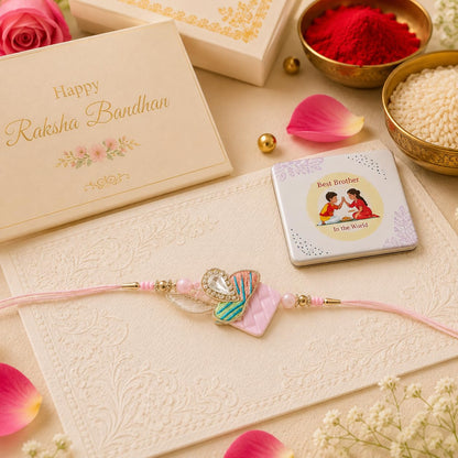 Designer Rakhi with Roli Chawal Gift Set, Traditional Handcrafted Raksha Bandhan Bracelet, Decorative Box