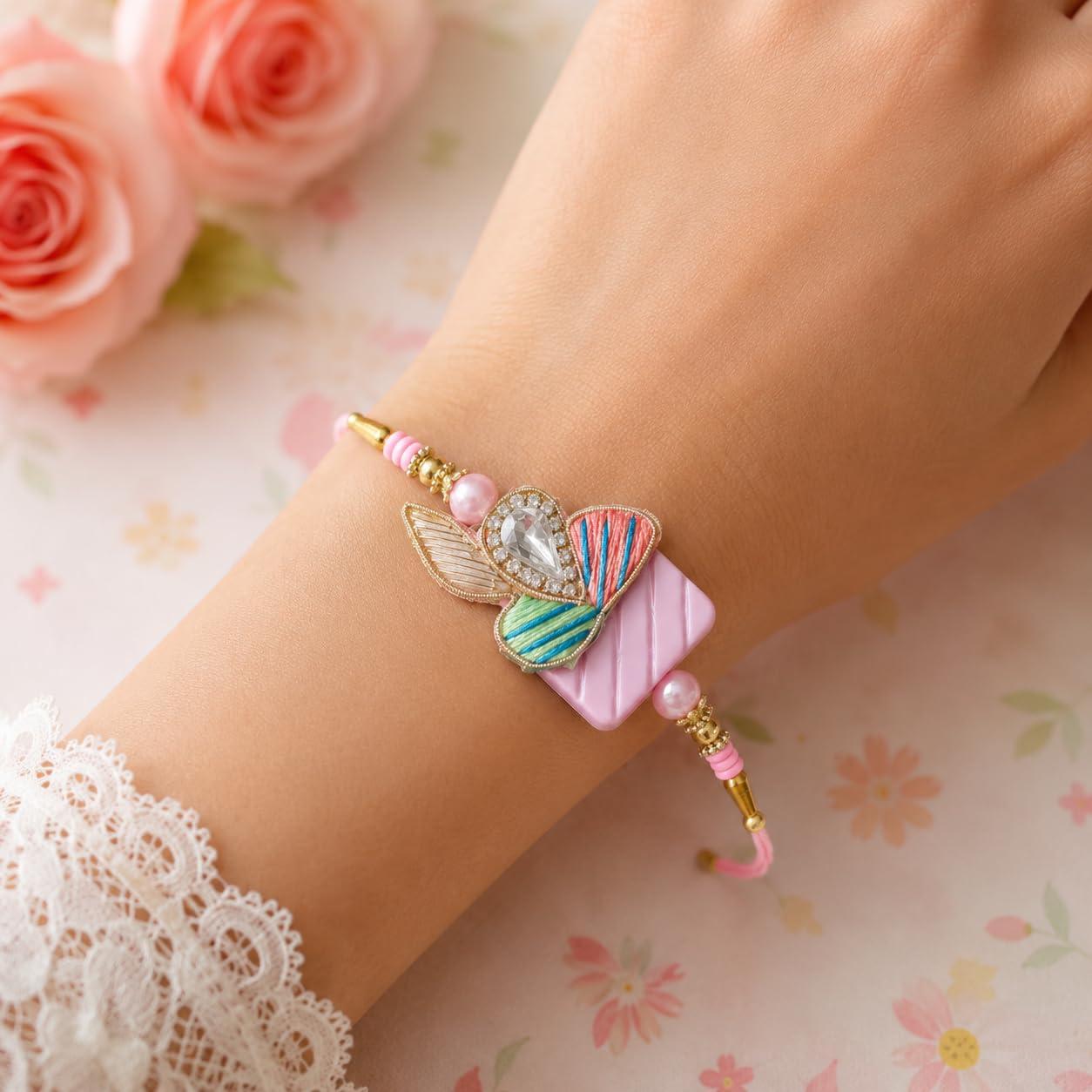 Designer Rakhi with Roli Chawal Gift Set, Traditional Handcrafted Raksha Bandhan Bracelet, Decorative Box - back view