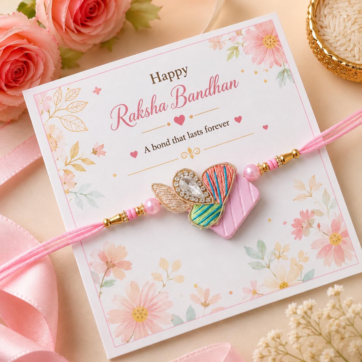 Designer Rakhi with Roli Chawal Gift Set, Traditional Handcrafted Raksha Bandhan Bracelet, Decorative Box - label detail