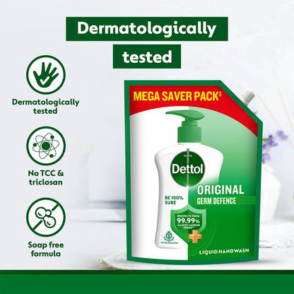 Dettol Liquid Handwash Refill, Original Hand Wash, 1350ml, Germ Defence Formula, Plant Derived Cleansers - packaging