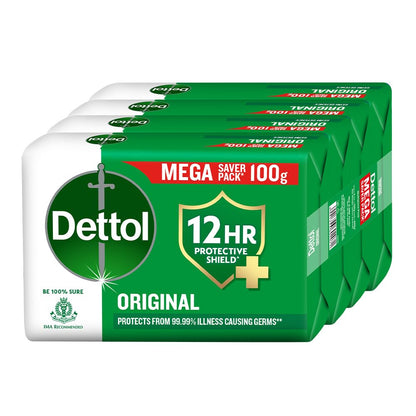 Dettol Original Bathing Soap Bar with Glycerin and Naturally Derived Ingredients, 100g (Pack of 4), Solid Cleansing Soap