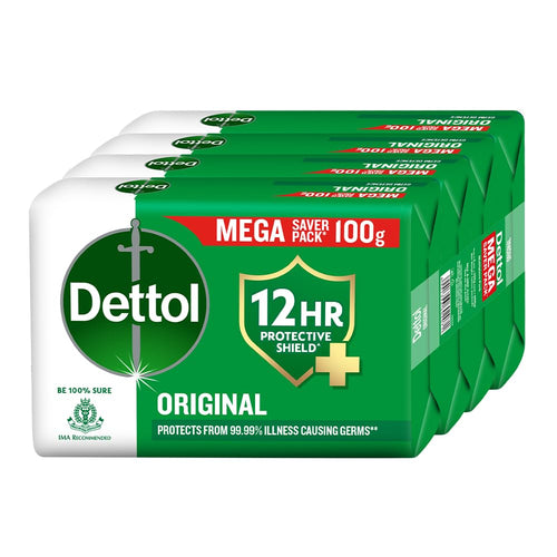 Dettol Original Bathing Soap Bar with Glycerin and Naturally Derived Ingredients, 100g (Pack of 4), Solid Cleansing Soap