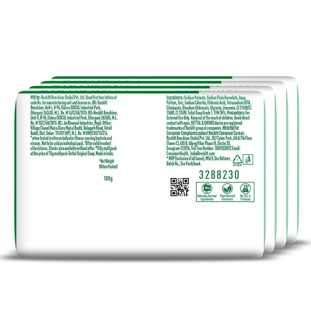Dettol Original Bathing Soap Bar with Glycerin and Naturally Derived Ingredients, 100g (Pack of 4), Solid Cleansing Soap - cl