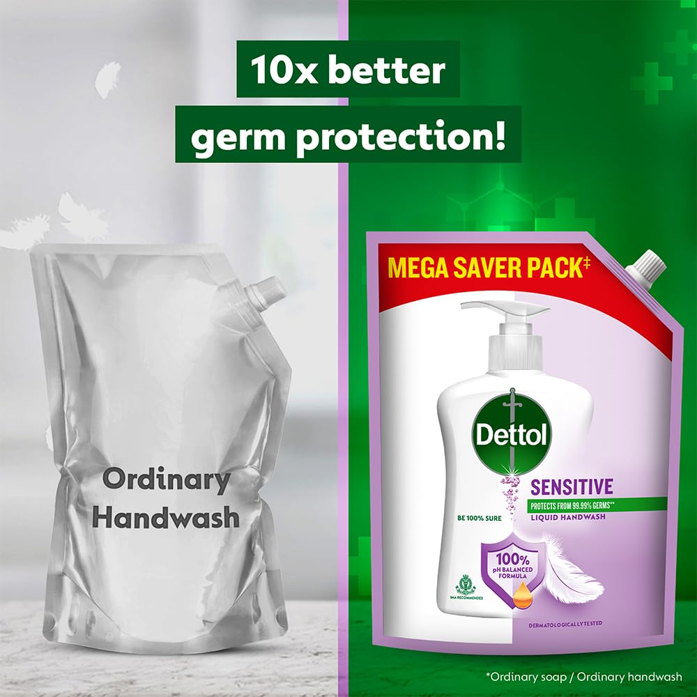 Dettol Sensitive Liquid Hand Wash Refill, pH Balanced, TTC & Triclosan Free, Dermatologically Tested, 1 Count, Unisex - front