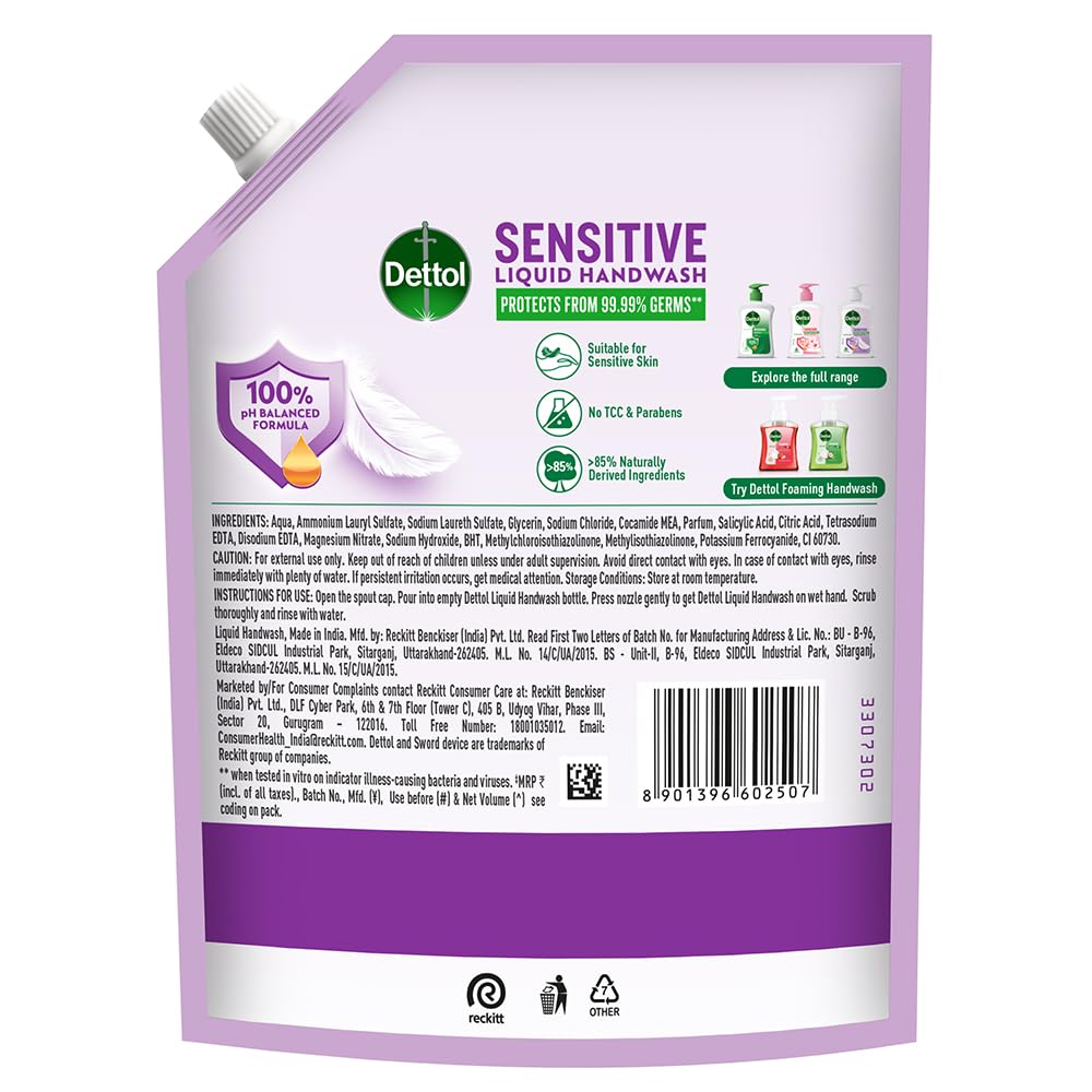 Dettol Sensitive Liquid Hand Wash Refill, pH Balanced, TTC & Triclosan Free, Dermatologically Tested, 1 Count, Unisex - size 