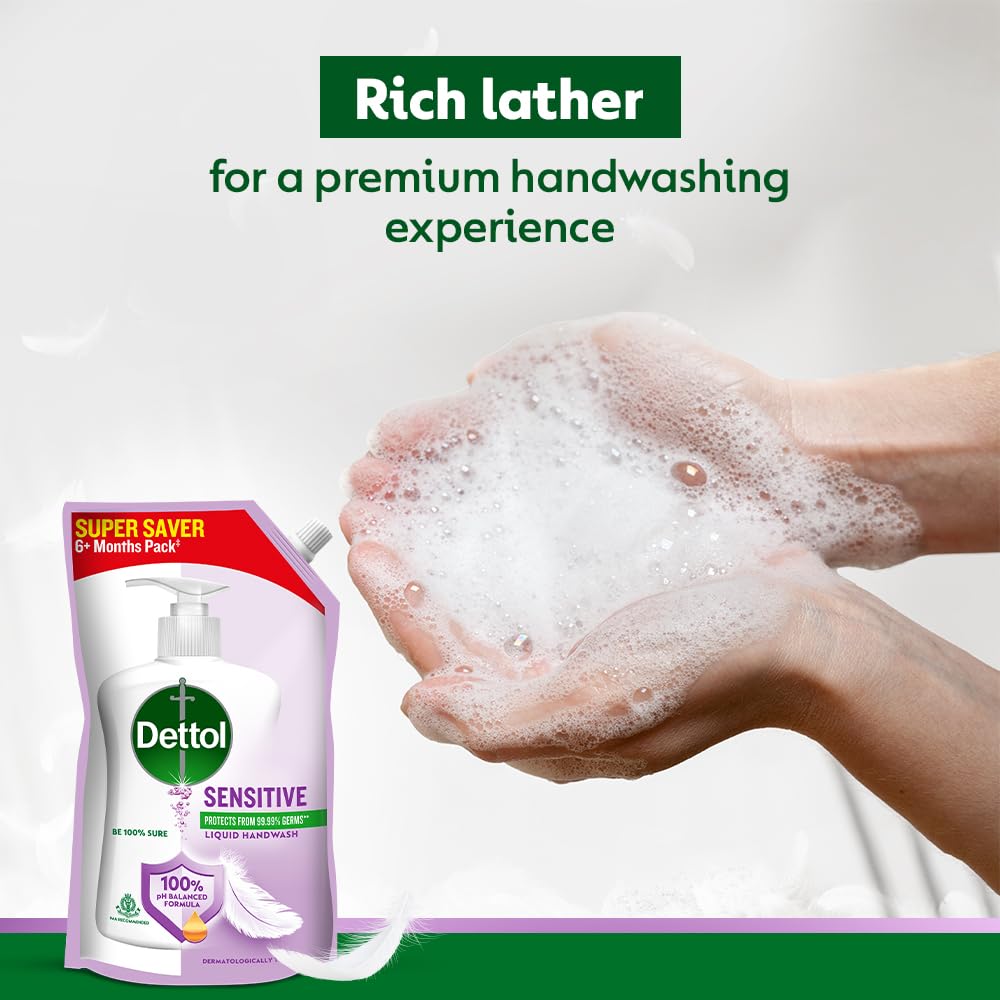 Dettol Sensitive Liquid Hand Wash Refill, pH Balanced, TTC & Triclosan Free, Dermatologically Tested, 1 Count, Unisex - packa