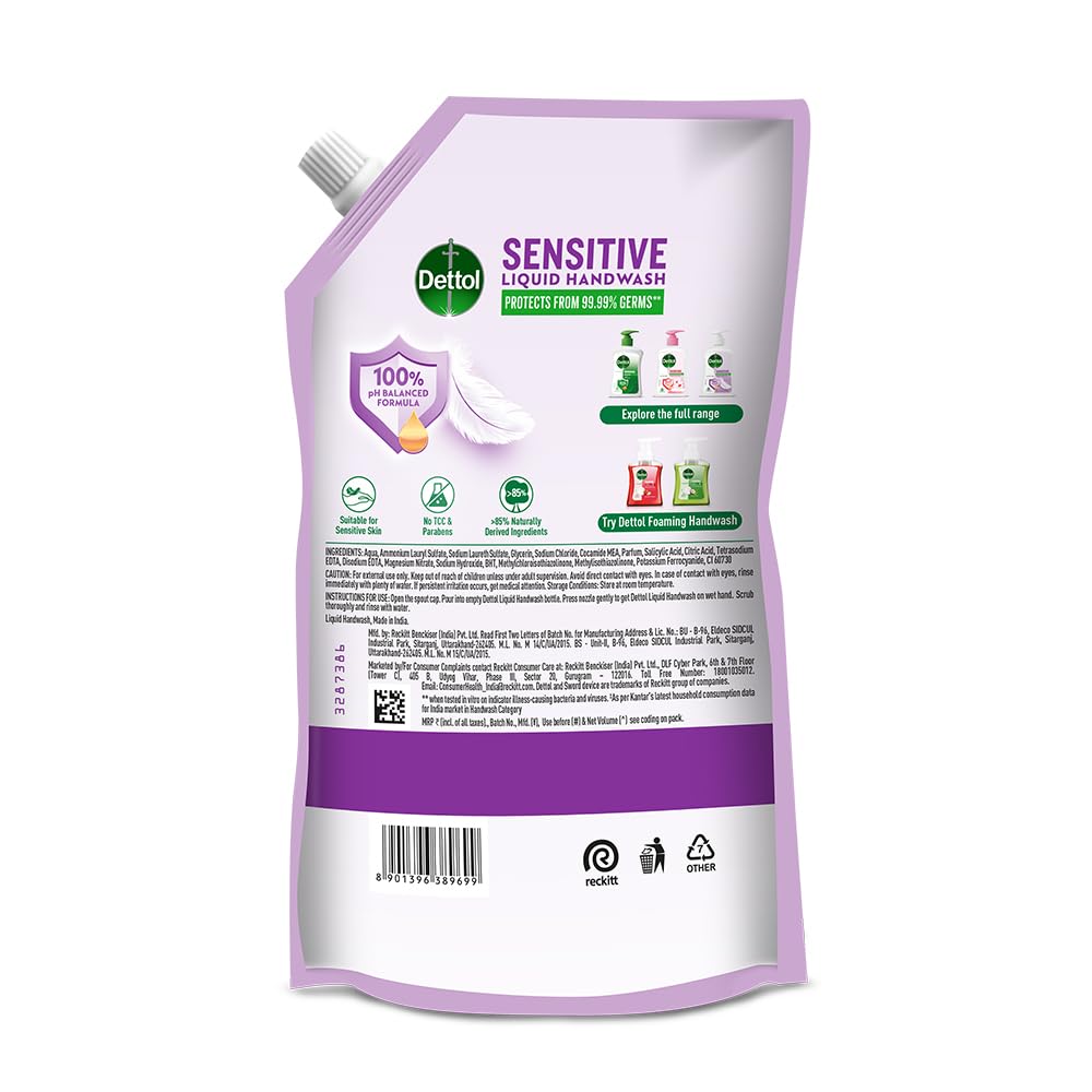 Dettol Sensitive Liquid Hand Wash Refill, pH Balanced, TTC & Triclosan Free, Dermatologically Tested, 1 Count, Unisex - size