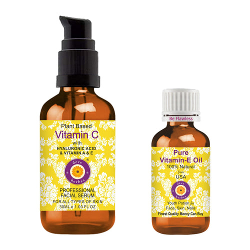 Deve Herbes Plant Based Vitamin C Face Serum with Hyaluronic Acid and Vitamins A & E, 30ml with Vitamin E Oil 10ml
