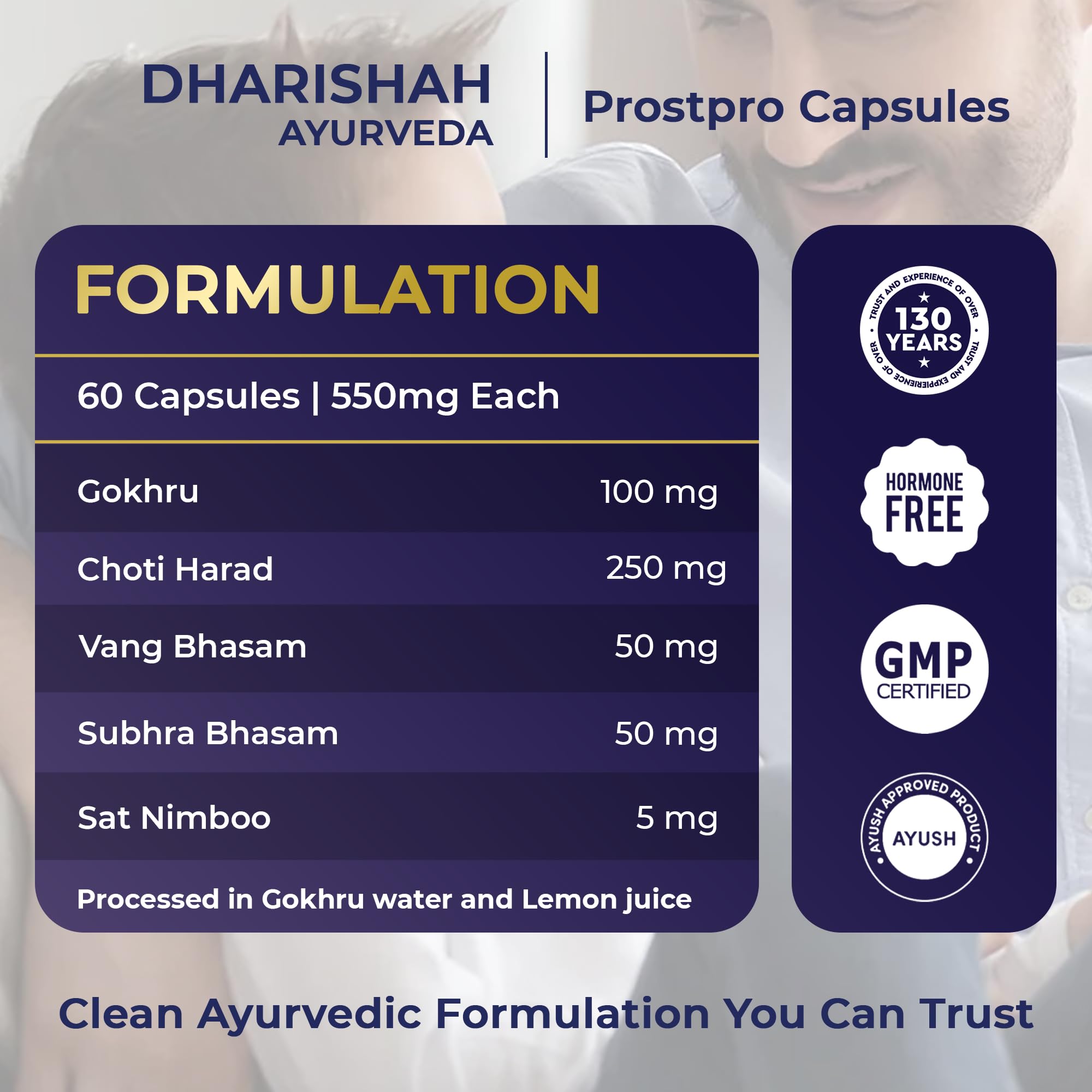 Dharishah Ayurveda ProstPro Herbal Supplement Capsules, Vegetarian, Gluten Free, GMP & AYUSH Certified - label detail