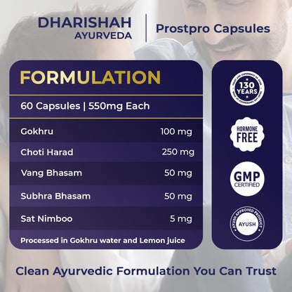 Dharishah Ayurveda ProstPro Herbal Supplement Capsules, Vegetarian, Gluten Free, GMP & AYUSH Certified - label detail
